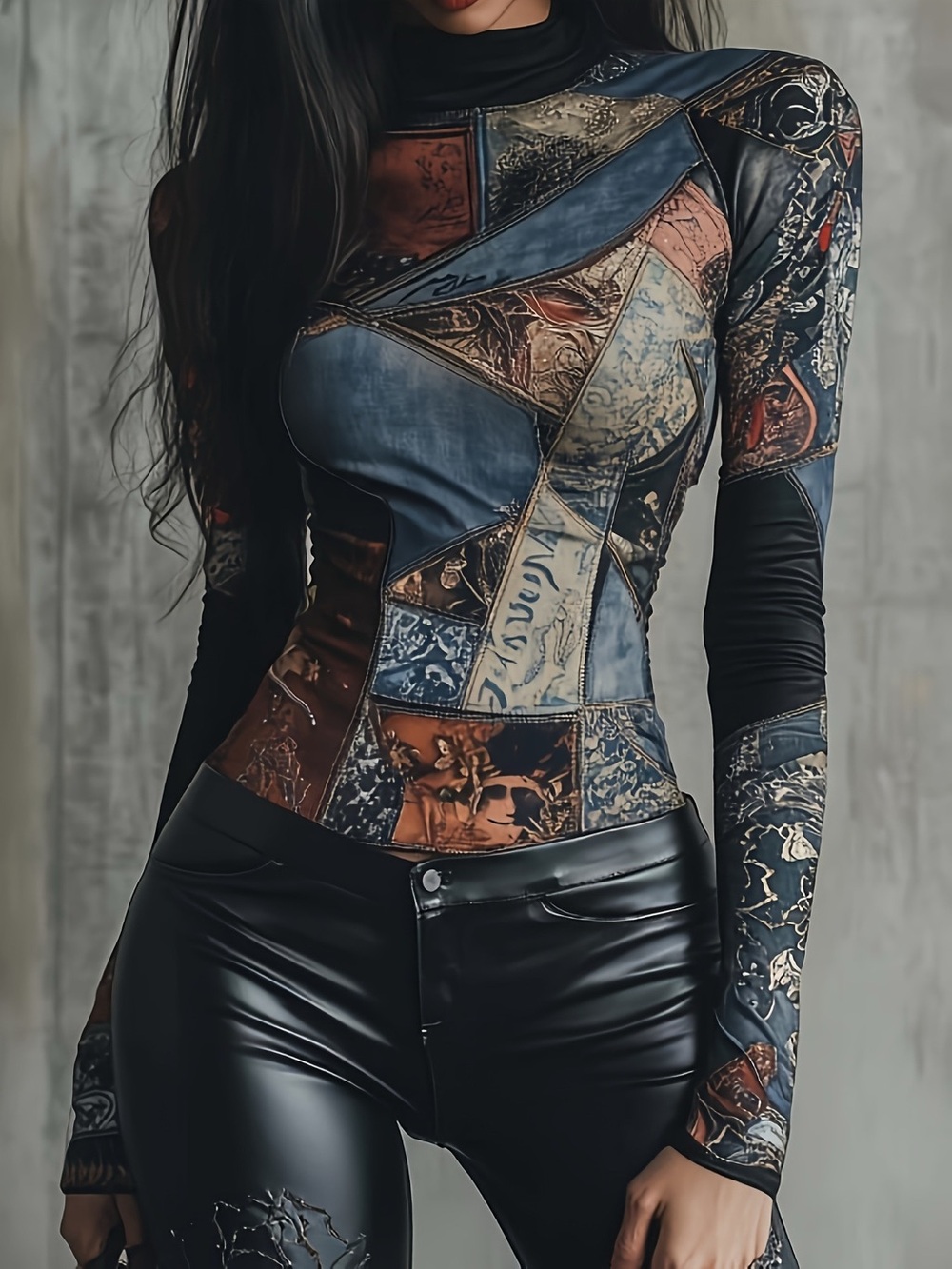 Patchwork Printed Mock Neck Long Sleeve T-Shirt